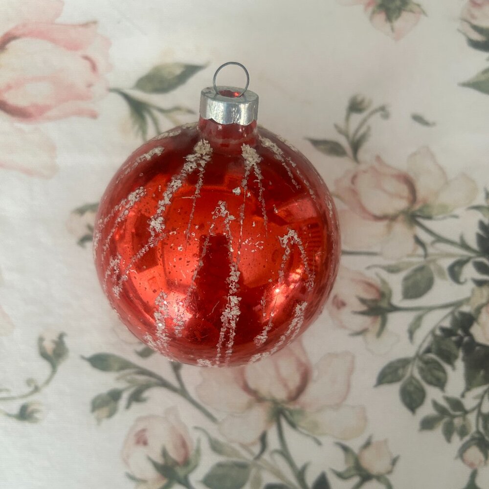 Vintage Pink Glass Christmas Ornament Mica Glitter Hand painted White Detail USA